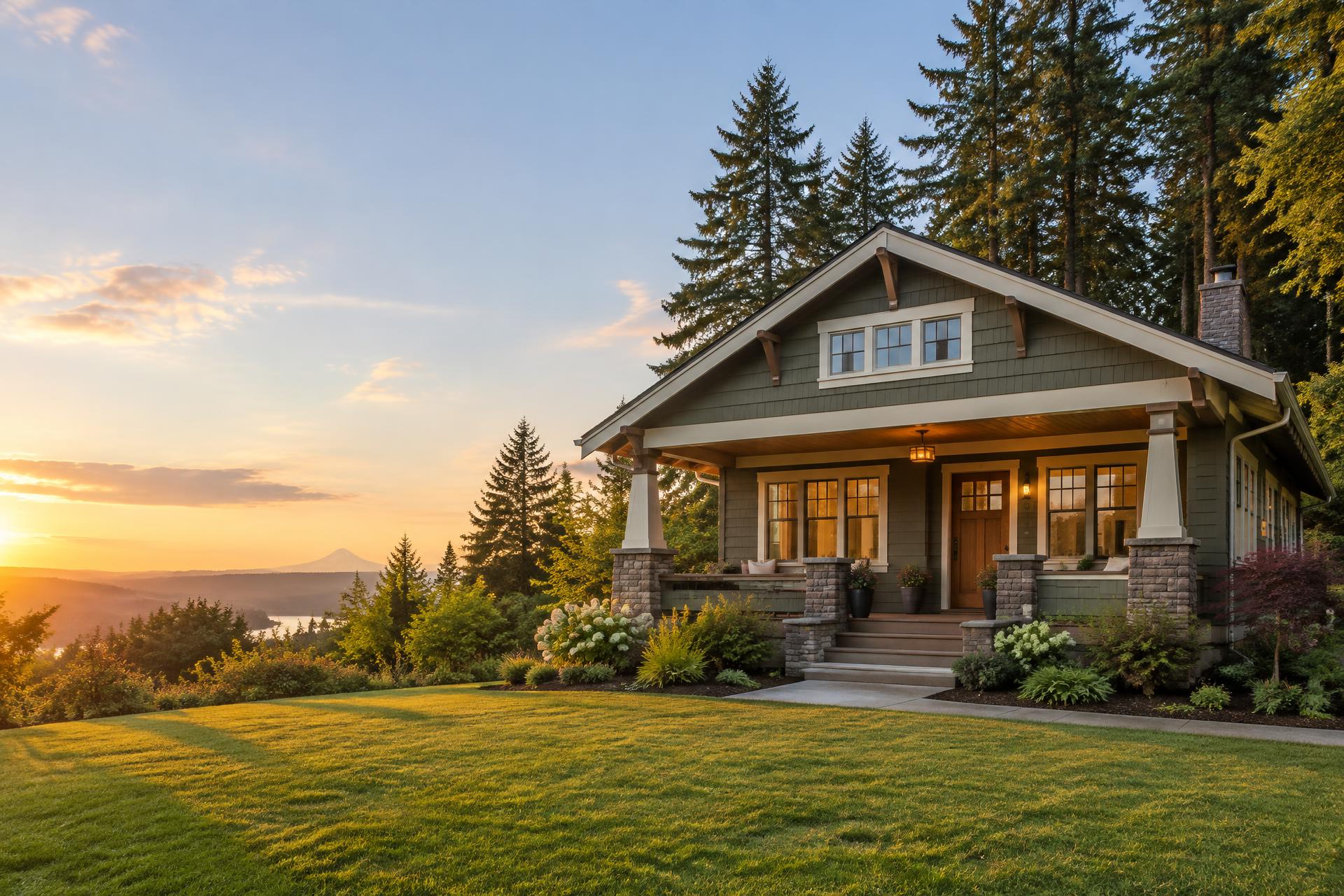 Illustrative Oregon craftsman bungalow with a front porch among fir trees at sunset