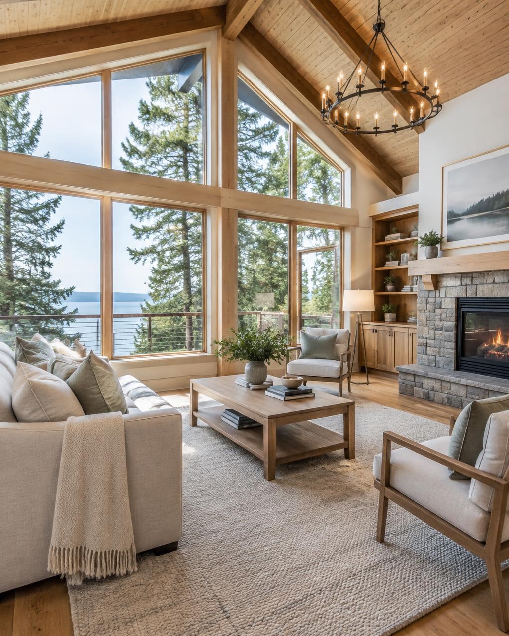 Illustrative bright Pacific Northwest living room with forest views